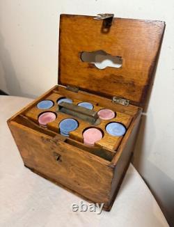 Antique 19th century handmade wood poker box set clay gambling cards chips
