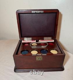 Antique 19th century handmade wood poker box set clay gambling cards chips