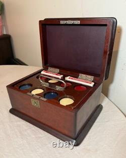Antique 19th century handmade wood poker box set clay gambling cards chips