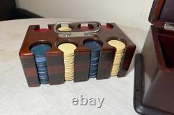 Antique 19th century handmade wood poker box set clay gambling cards chips