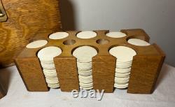 Antique 19th century handmade wood poker box set clay gambling cards chips