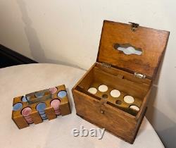 Antique 19th century handmade wood poker box set clay gambling cards chips