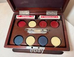 Antique 19th century handmade wood poker box set clay gambling cards chips