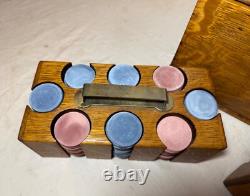 Antique 19th century handmade wood poker box set clay gambling cards chips
