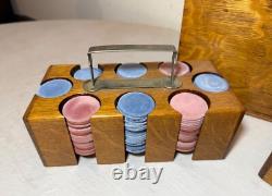 Antique 19th century handmade wood poker box set clay gambling cards chips
