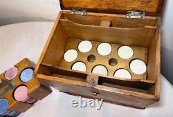Antique 19th century handmade wood poker box set clay gambling cards chips