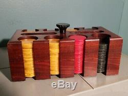 Antique BAKELITE CATALIN POKER CHIPS set 196 in Mohagany WOOD CADDY HOLDER