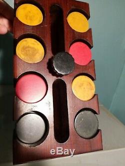 Antique BAKELITE CATALIN POKER CHIPS set 196 in Mohagany WOOD CADDY HOLDER