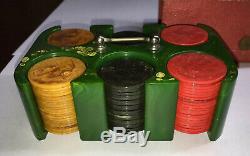 Antique Bakelite Catalin Miniature Poker Gambling Chips Set With Caddy Holder