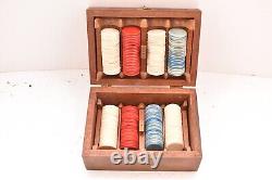 Antique Civil War Mini Bone Poker Chip Set w Holders & Wood Box Small