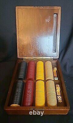 Antique Clay Poker Chip & Dice Game Set In Beautiful Wooden Case