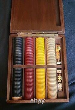 Antique Clay Poker Chip & Dice Game Set In Beautiful Wooden Case