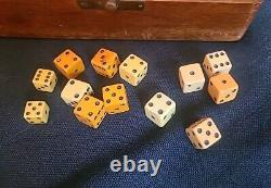 Antique Clay Poker Chip & Dice Game Set In Beautiful Wooden Case