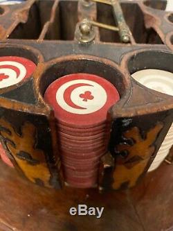Antique Clay Poker Chip Set Pyrography Wood Box Case Moon Clover Playing Cards