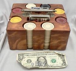 Antique Clay Poker Chips Set Oak Carrier Box 2 Decks Playing Card Holder Vintage