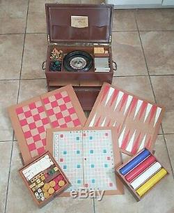 Antique Compendium GAMBLING GAME TRUNK BOX Popper Co NYC poker dice roulette ++