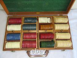 Antique E. S. Lowe 350+ Bakelite & Clay Poker Chips Set Case with Bakelite Handle