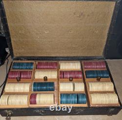 Antique E. S. Lowe Clay Poker Chips Set Case