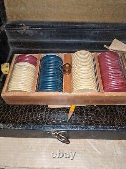 Antique E. S. Lowe Clay Poker Chips Set Case