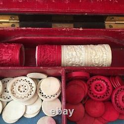 Antique G. Betjemann & Son Game Box Poker Set Bezique London Bone Chips Chinese