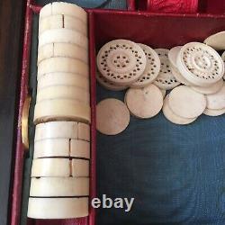 Antique G. Betjemann & Son Game Box Poker Set Bezique London Bone Chips Chinese