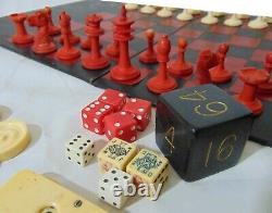Antique Game Set Compendium Bone Chess Poker Chips Backgammon Cribbage Board