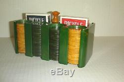 Antique Green Bakelite/Catalin Poker Chip Set with Bakelite caddy
