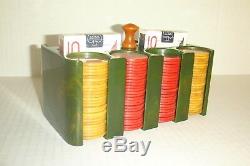 Antique Green Bakelite/Catalin Poker Chip Set with Bakelite holder