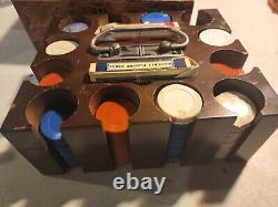 Antique Leather Cased Poker Set Cards Pinochle Bakelite and Clay Chips