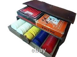 Antique Leather Cased Poker Set Poker Chips & Cards Pinochle & Poker