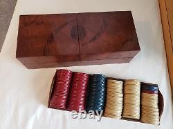 Antique Marquetry Wood Poker Box Chest Set Clay Chips Removable Tray No Cards