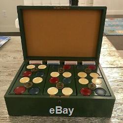 Antique Oak Cased Poker Chip Set With 432 Original Matching Clay Chips And Art