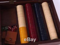 Antique Poker Chip Black Walnut Box Willett Vtg Set Composite 300 Chips Dice