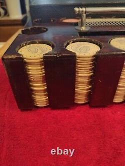 Antique Poker Chip Card Set Wood Carrying Case WithCrescent Moon & Owl Clay Chips