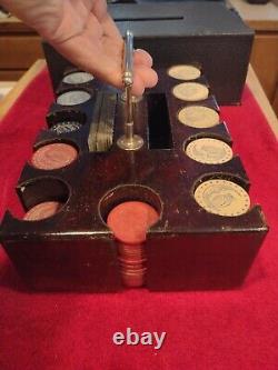Antique Poker Chip Card Set Wood Carrying Case WithCrescent Moon & Owl Clay Chips