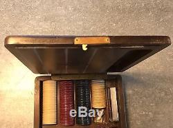 Antique Poker Chip Gambling Set With Antique Dice & Spinning Tops