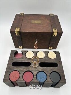Antique Poker Chip Set Clay Composition Chips Wooden Caddy & Wood Box with Key