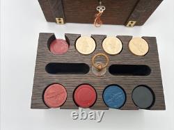 Antique Poker Chip Set Clay Composition Chips Wooden Caddy & Wood Box with Key
