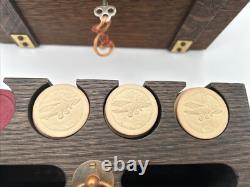 Antique Poker Chip Set Clay Composition Chips Wooden Caddy & Wood Box with Key