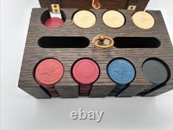 Antique Poker Chip Set Clay Composition Chips Wooden Caddy & Wood Box with Key