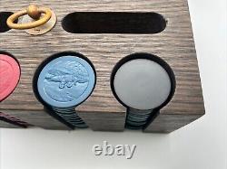 Antique Poker Chip Set Clay Composition Chips Wooden Caddy & Wood Box with Key