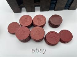 Antique Poker Chip Set Clay Composition Chips Wooden Caddy & Wood Box with Key