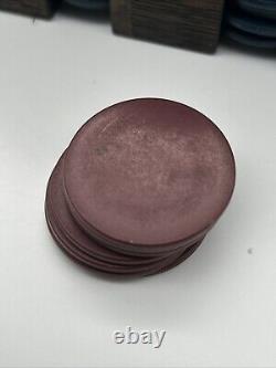 Antique Poker Chip Set Clay Composition Chips Wooden Caddy & Wood Box with Key