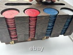 Antique Poker Chip Set Clay Composition Chips Wooden Caddy & Wood Box with Key