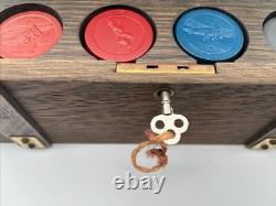 Antique Poker Chip Set Clay Composition Chips Wooden Caddy & Wood Box with Key