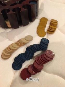 Antique Poker Chip Set Embossed Clay Airplane chips & covered holder No Reserve