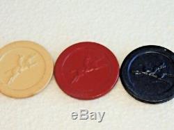 Antique Poker Chip Set Embossed Clay Jockey chips & covered holder