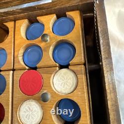 Antique Poker Chip Set Pressed Paper/ Plastic Chips Wooden Caddy & Wood Box