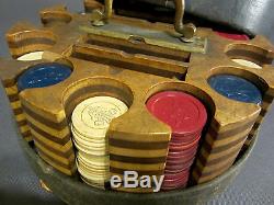 Antique Poker Chip Set Wood & Bronze Holder Stanley Cohen Dated 1800s