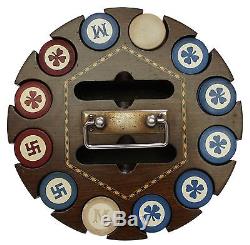 Antique Poker Chip Set Wooden Carousel Holder Caddy withLid Swastika 4 Leaf Clover